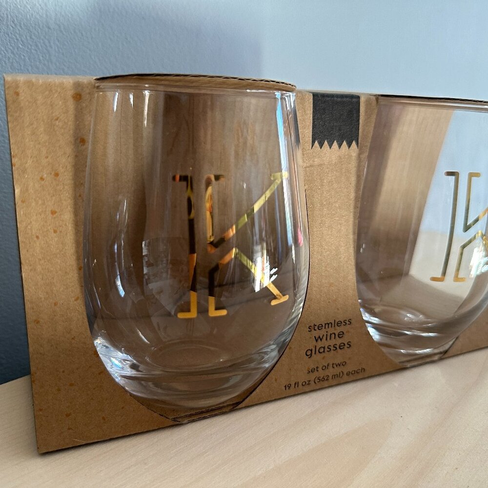 Charming Choices Stemless Wineglass | Set of 2 | Initial K | New in Box